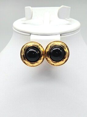 Vintage Chanel 1993 Black Gripoix Glass Clip On Earrings 2337 France Gold 1.25”